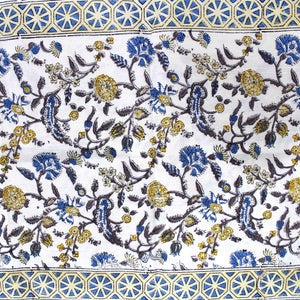 Blue Border with White Base Floral Hand Block Print Double Bed Sheet with Two Pillow Covers