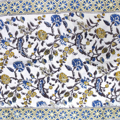 Blue Border with White Base Floral Hand Block Print Double Bed Sheet with Two Pillow Covers