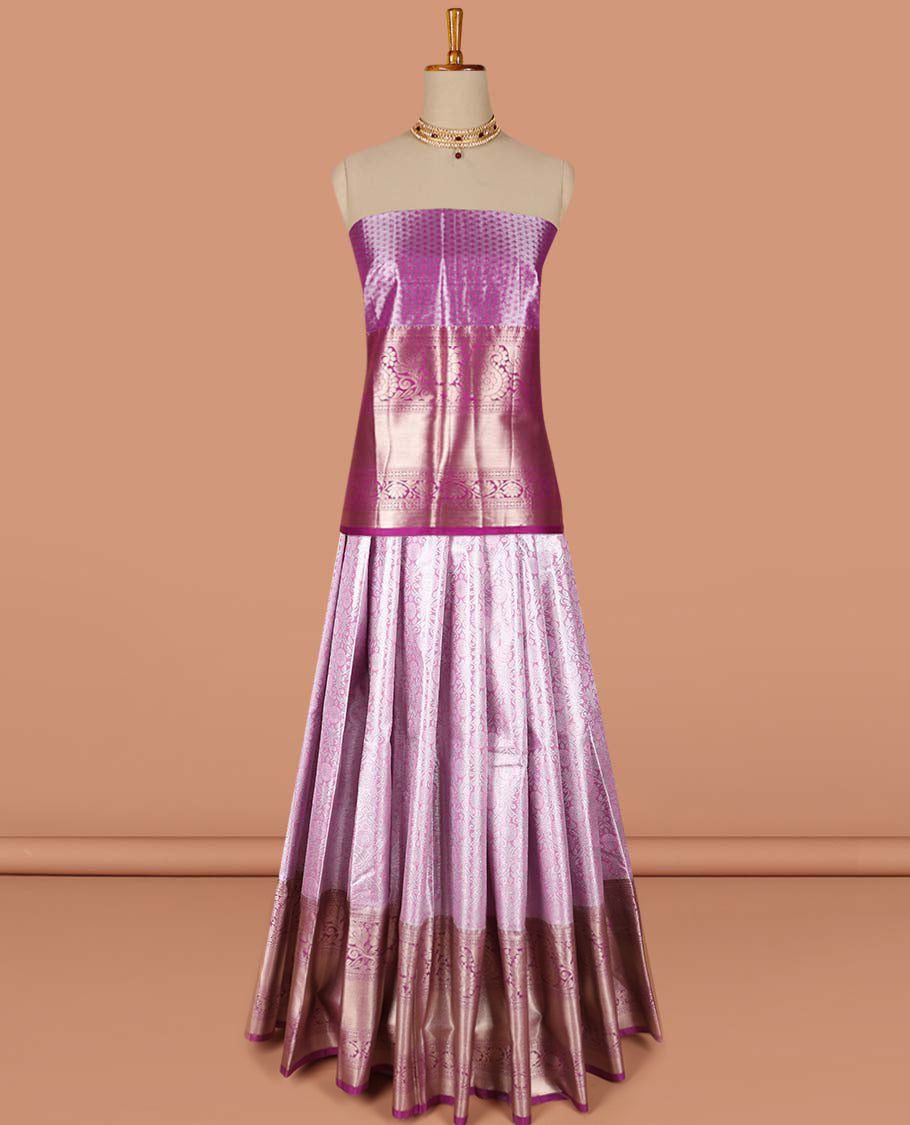 Lavender floral vine design art-silk half saree, contrast traditional zari border,zari design blouse & floral design dhavani