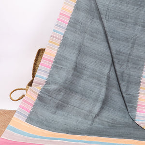 Grey semi-banaras tussar saree with contrast striped border & multi-colored striped pallu
