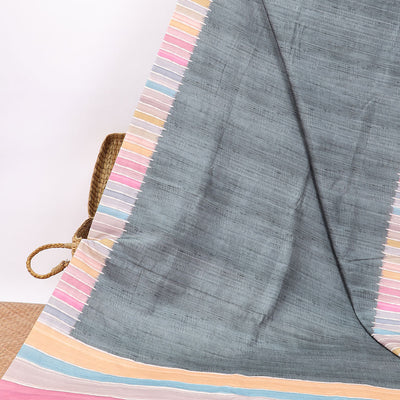 Grey semi-banaras tussar saree with contrast striped border & multi-colored striped pallu