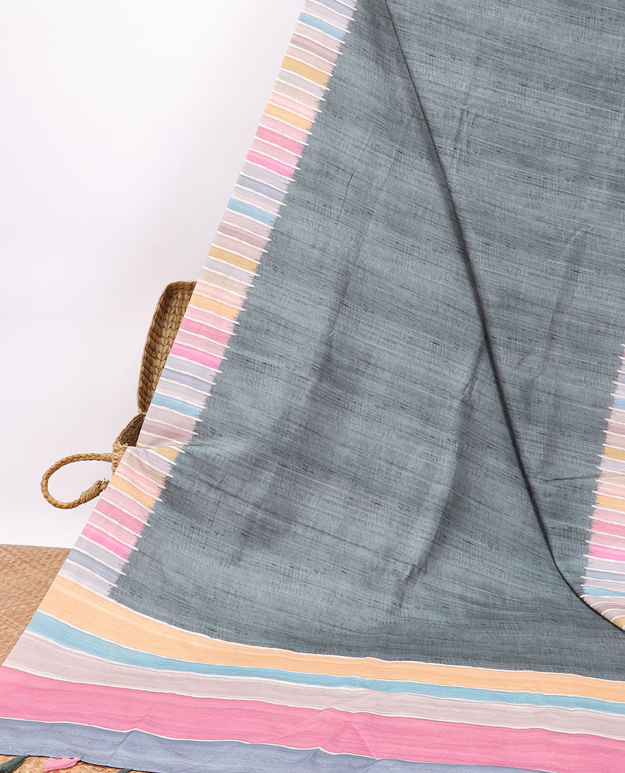 Grey semi-banaras tussar saree with contrast striped border & multi-colored striped pallu