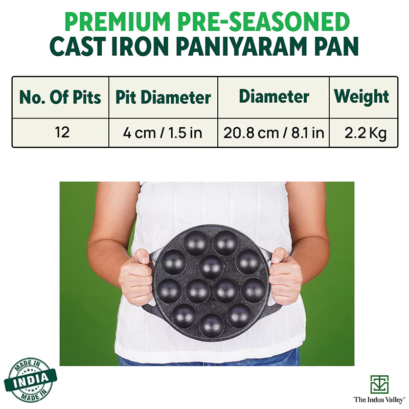 12 Pit/Cup CASTrong Cast Iron Kuzhi Paniyaram/Paddu Pan/Appe Maker+ Free Spatula, Pre-seasoned, 100% Pure, Toxin-free, 21 cm, 2.2 kg