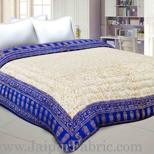 Light Blue  Cream Base  With Golden Print Figure Print Super Fine Cotton Voile(Mulmul) Both Side Printed Cotton Double Bed Quilt