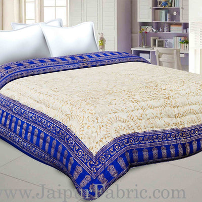 Light Blue  Cream Base  With Golden Print Figure Print Super Fine Cotton Voile(Mulmul) Both Side Printed Cotton Double Bed Quilt