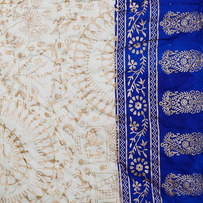 Light Blue  Cream Base  With Golden Print Figure Print Super Fine Cotton Voile(Mulmul) Both Side Printed Cotton Double Bed Quilt