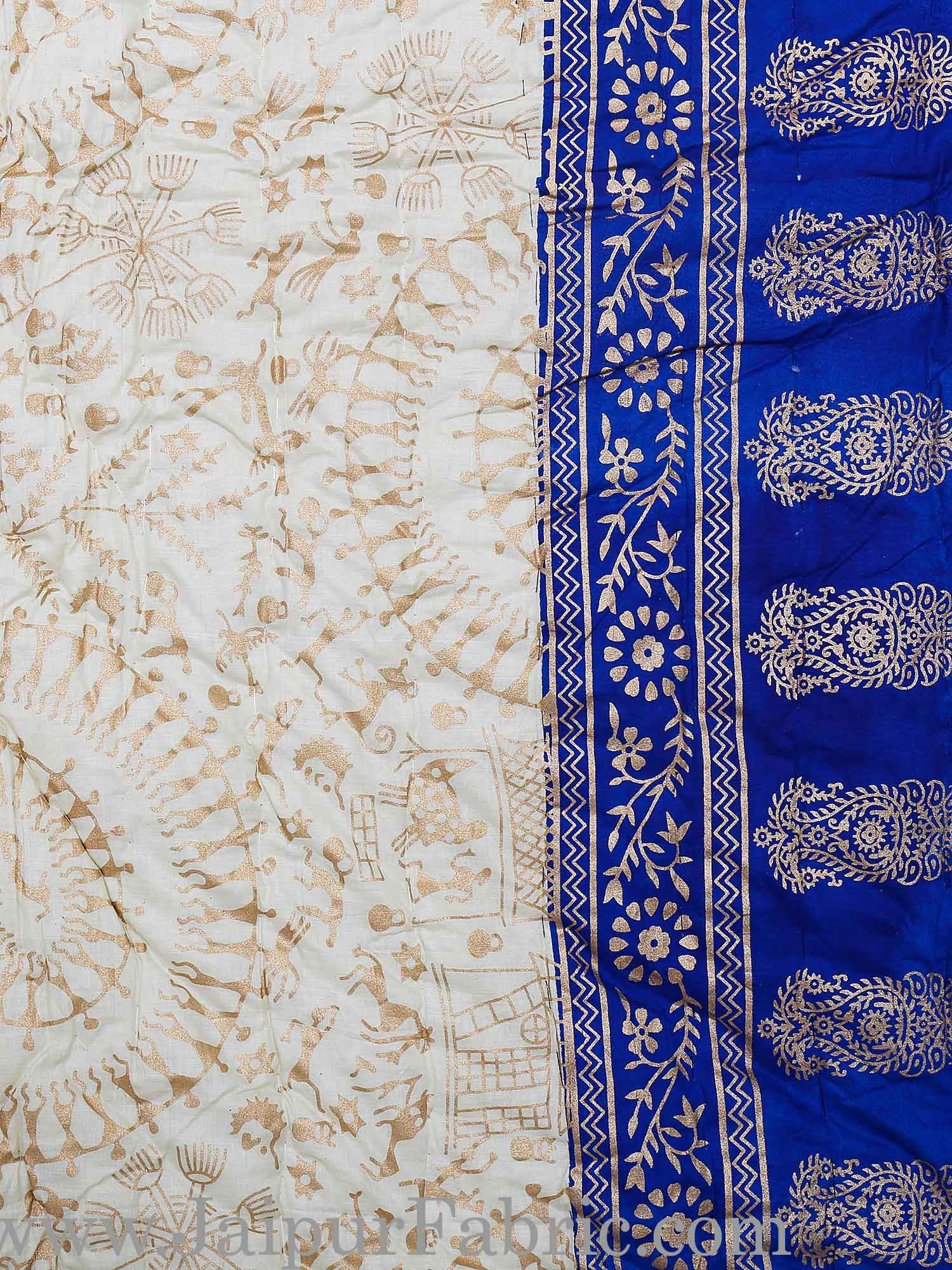 Light Blue  Cream Base  With Golden Print Figure Print Super Fine Cotton Voile(Mulmul) Both Side Printed Cotton Double Bed Quilt