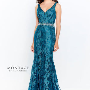 Montage 120921 Long Beaded Lace Metallic Evening Formal Dress