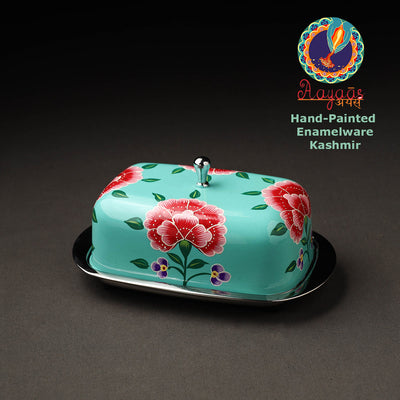 Blue - Floral Handpainted Enamelware Stainless Steel Butter Dish (Capacity- 500Grams)