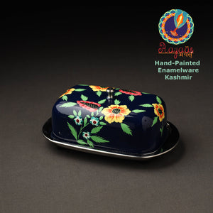 Black - Floral Handpainted Enamelware Stainless Steel Butter Dish (Capacity- 500Grams)