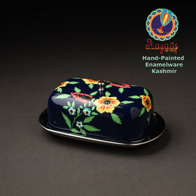 Black - Floral Handpainted Enamelware Stainless Steel Butter Dish (Capacity- 500Grams)