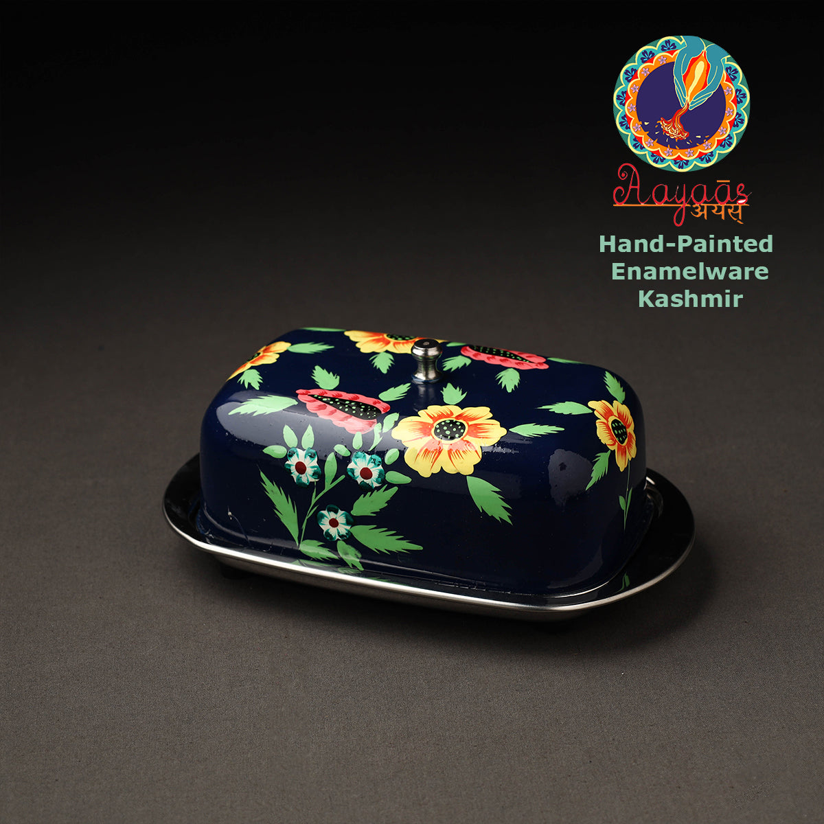 Black - Floral Handpainted Enamelware Stainless Steel Butter Dish (Capacity- 500Grams)