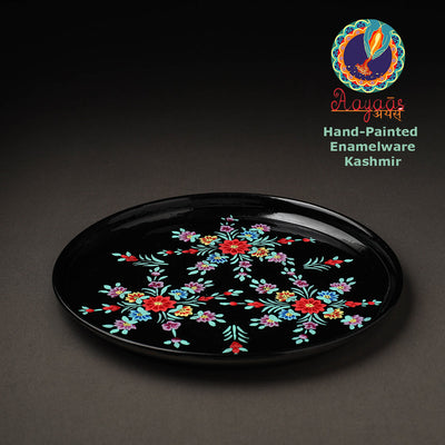 Black - Floral Handpainted Enamelware Stainless Steel Plate