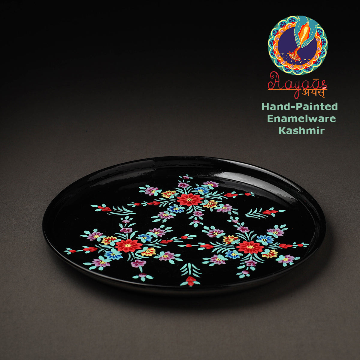 Black - Floral Handpainted Enamelware Stainless Steel Plate