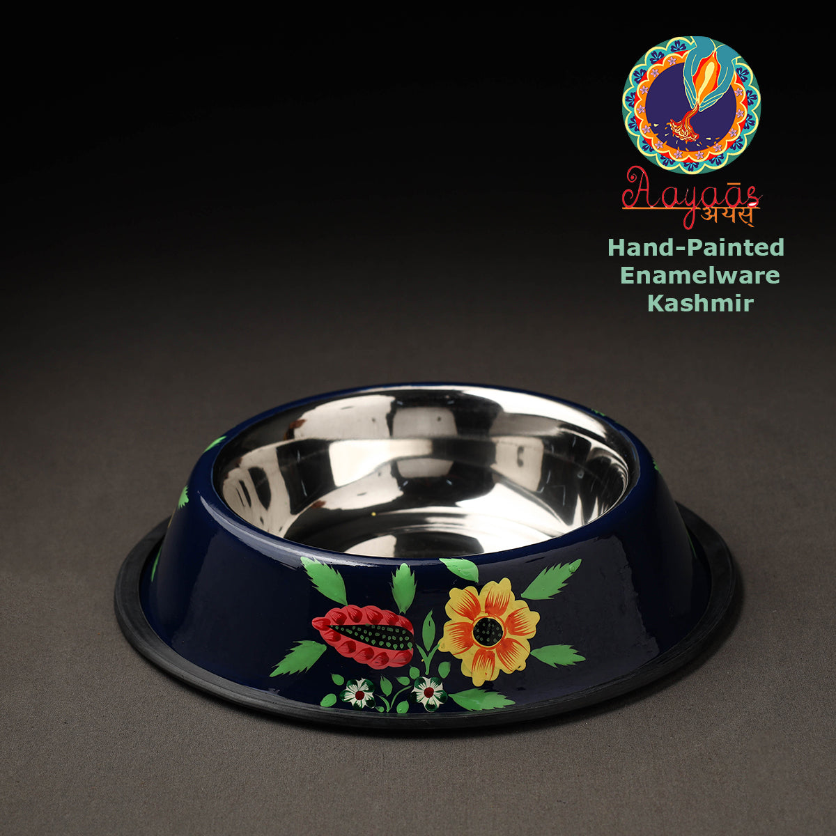 Blue - Floral Handpainted Enamelware Stainless Steel Pet Bowl
