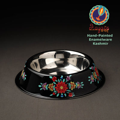 Black - Floral Handpainted Enamelware Stainless Steel Pet Bowl