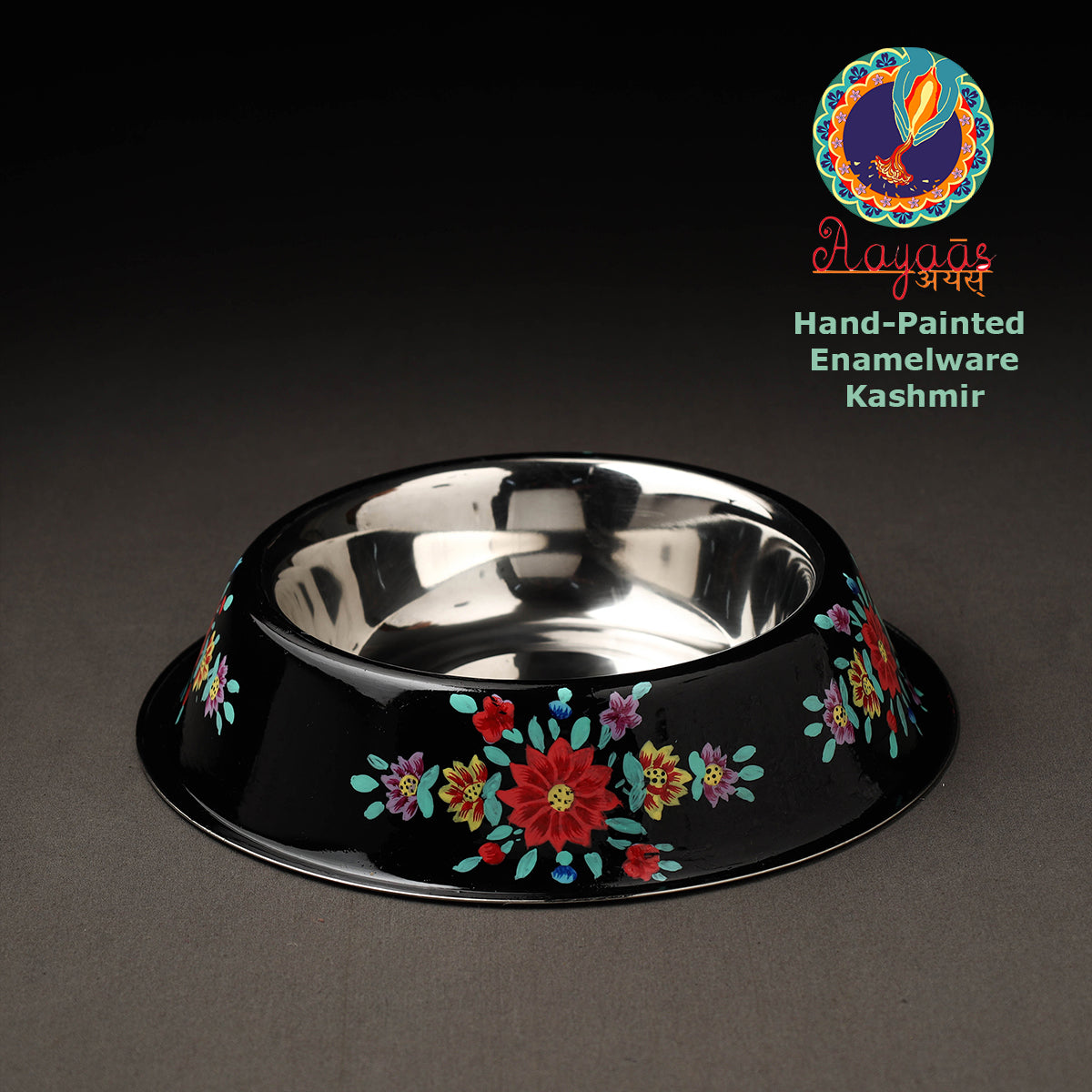 Black - Floral Handpainted Enamelware Stainless Steel Pet Bowl