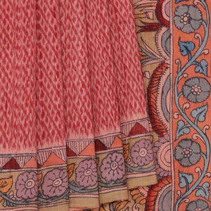 Dupion Kalamkari Painted Cream- Red Saree