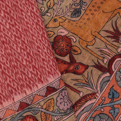 Dupion Kalamkari Painted Cream- Red Saree