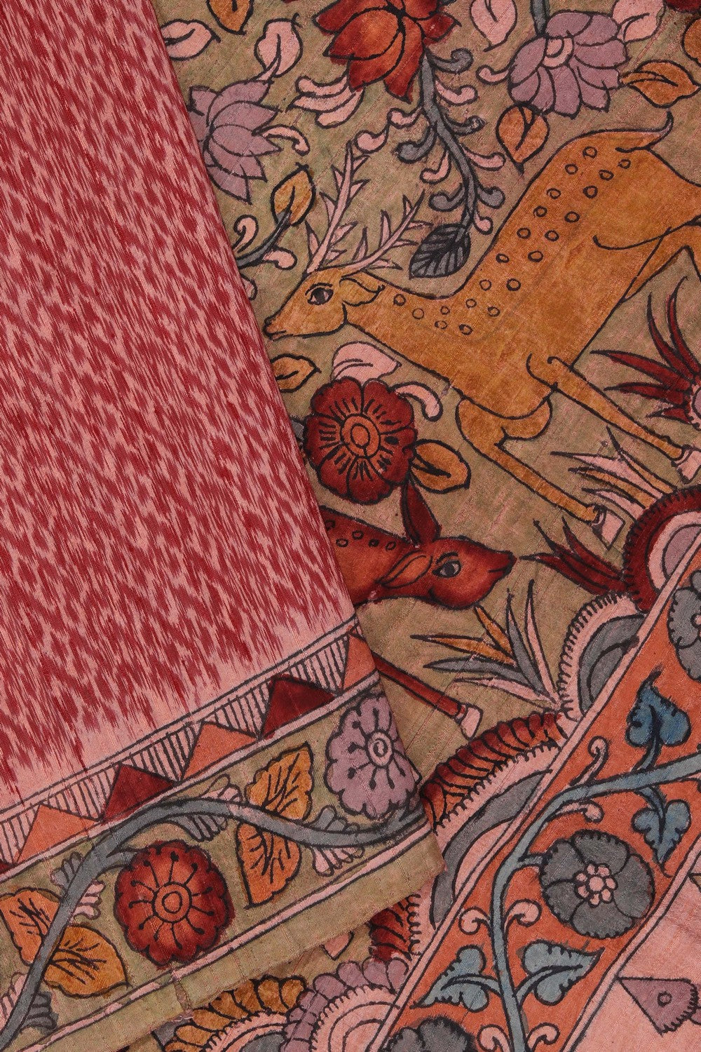 Dupion Kalamkari Painted Cream- Red Saree