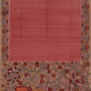 Dupion Kalamkari Painted Cream- Red Saree