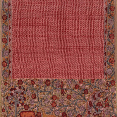 Dupion Kalamkari Painted Cream- Red Saree