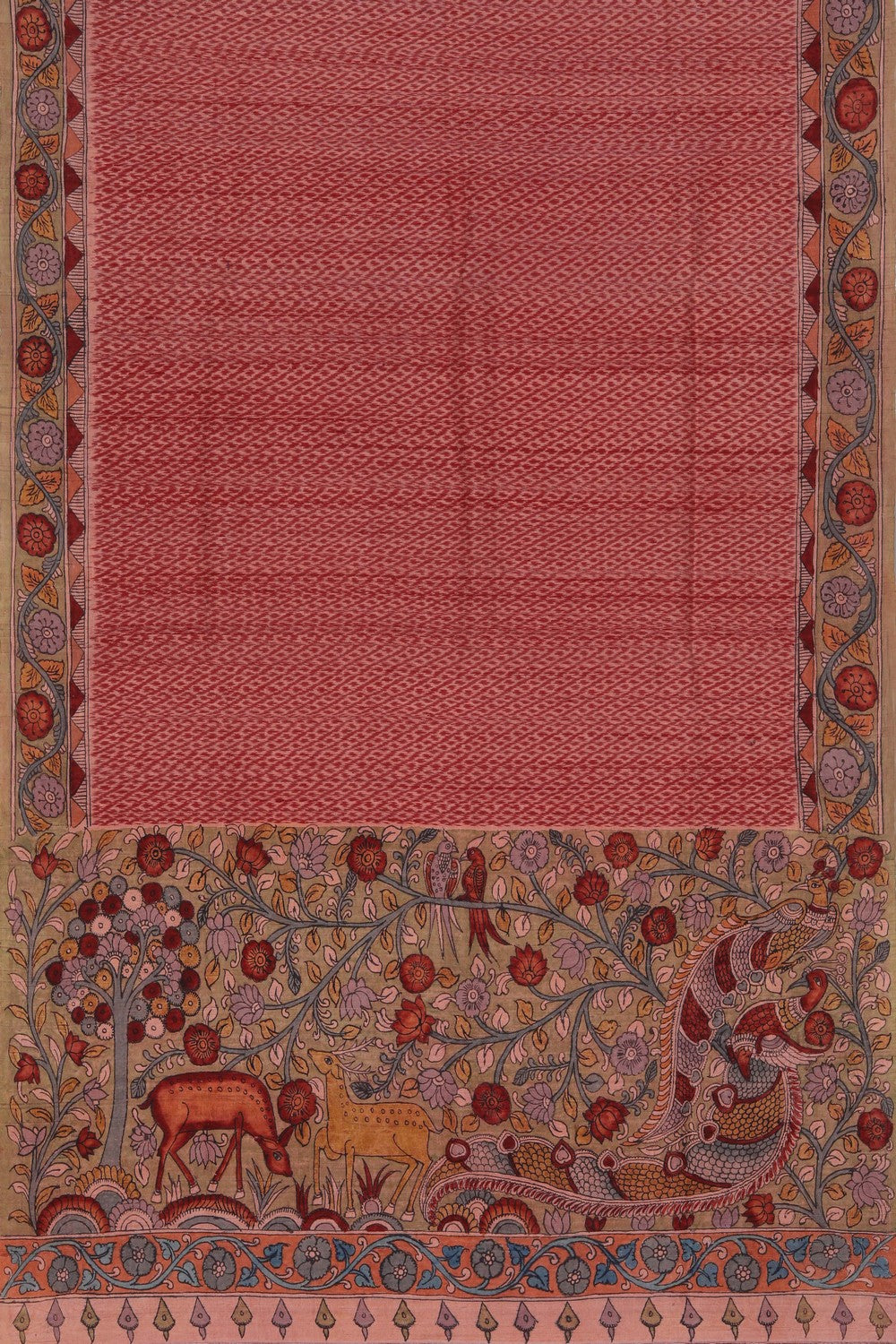 Dupion Kalamkari Painted Cream- Red Saree