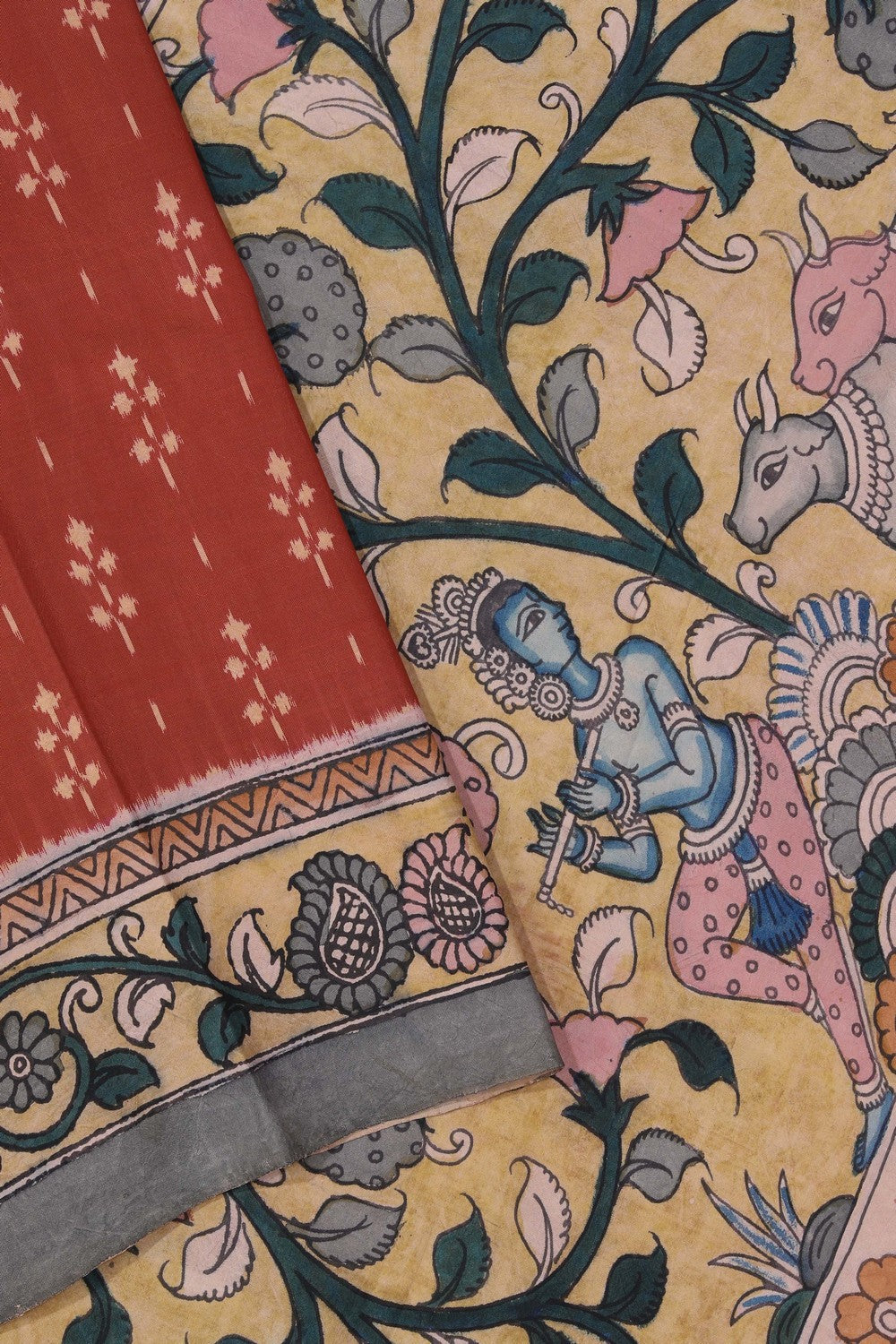 Kalamkari Painted Brownish Orange Saree
