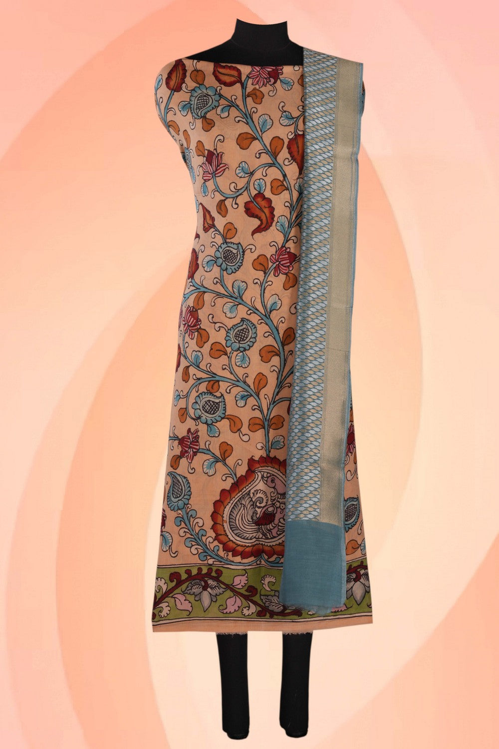Kalamkari Unstitched Suit With Dupatta (2 Pcs Set)