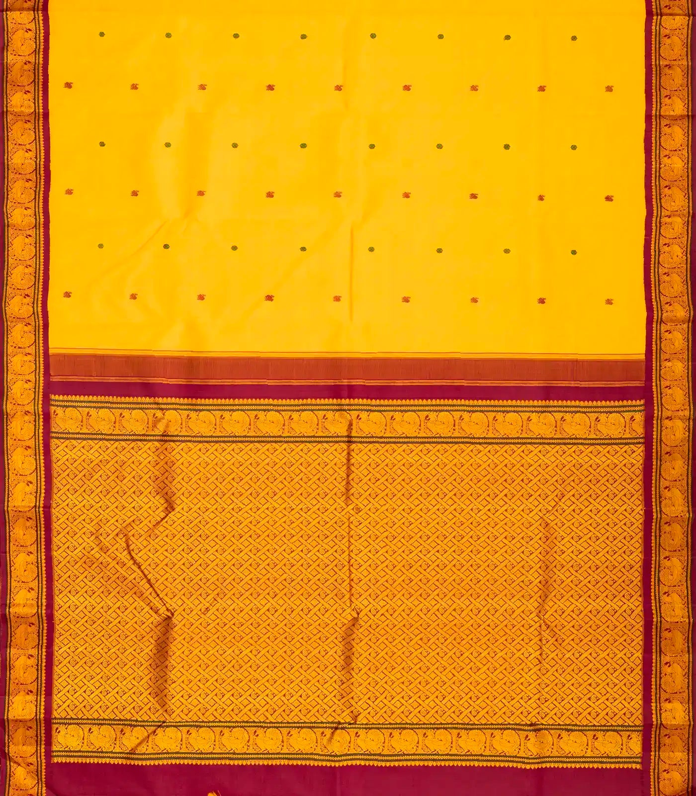 Mango Yellow Handloom Kanchipuram Korvai Silk Saree With Annam Chakaram Buttas