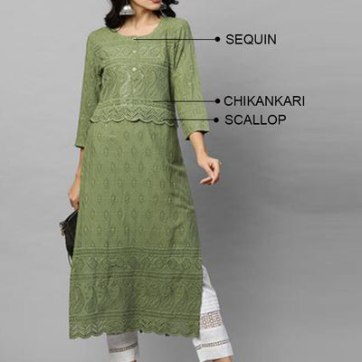 Intricate Chikankari Embroidered Straight Kurta with 2-Ply Mask - Olive Green
