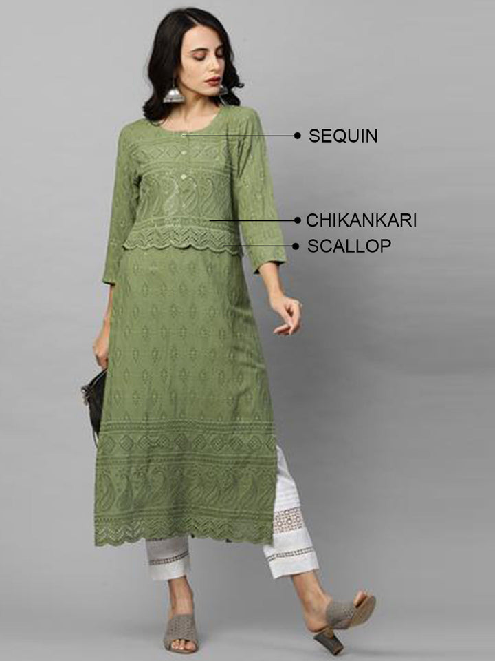 Intricate Chikankari Embroidered Straight Kurta with 2-Ply Mask - Olive Green