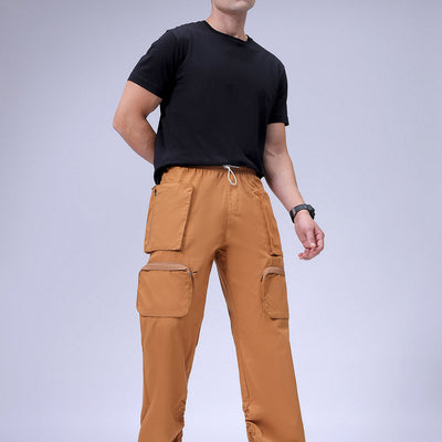 Men's Mustard Relaxed Fit Solid Utility Cargo Jogger