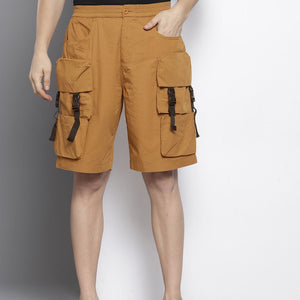 Men's Yellow Relaxed Fit Solid Cargo Shorts