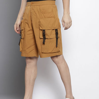 Men's Yellow Relaxed Fit Solid Cargo Shorts