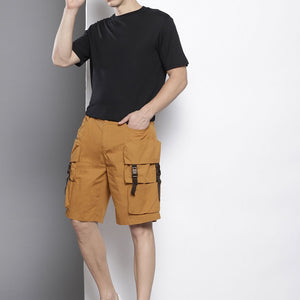 Men's Yellow Relaxed Fit Solid Cargo Shorts