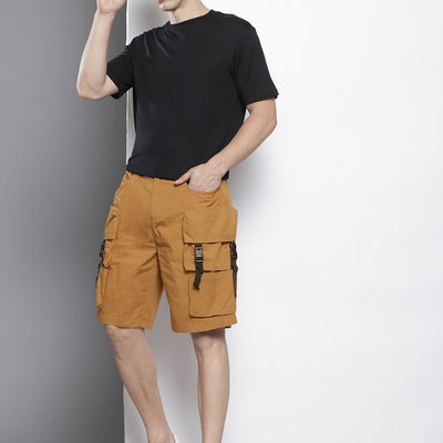 Men's Yellow Relaxed Fit Solid Cargo Shorts