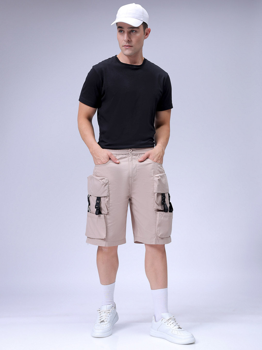 Men's Khaki Relaxed Fit Solid Utility Cargo Shorts