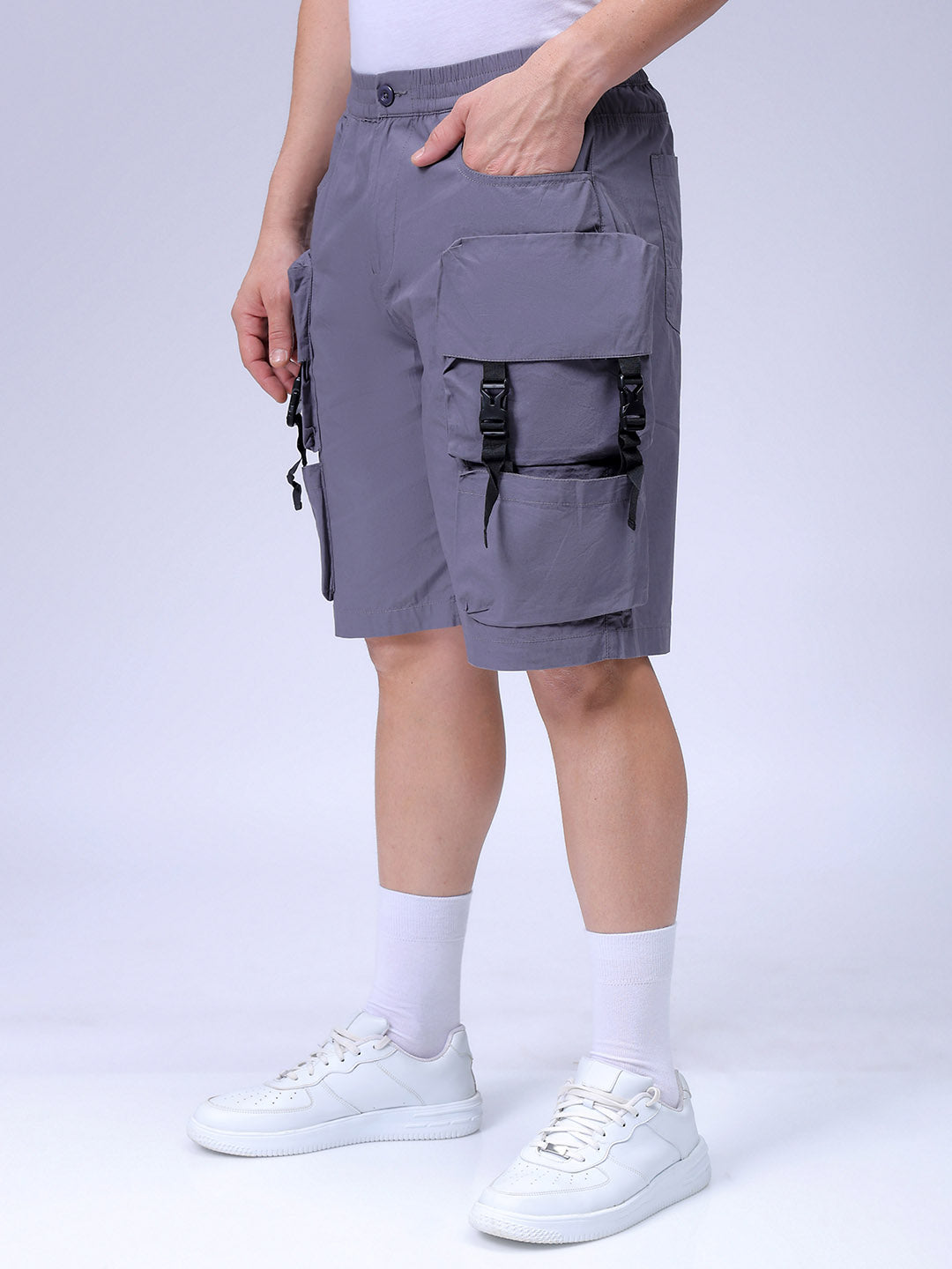 Men's Grey Relaxed Fit Solid Utility Cargo Shorts