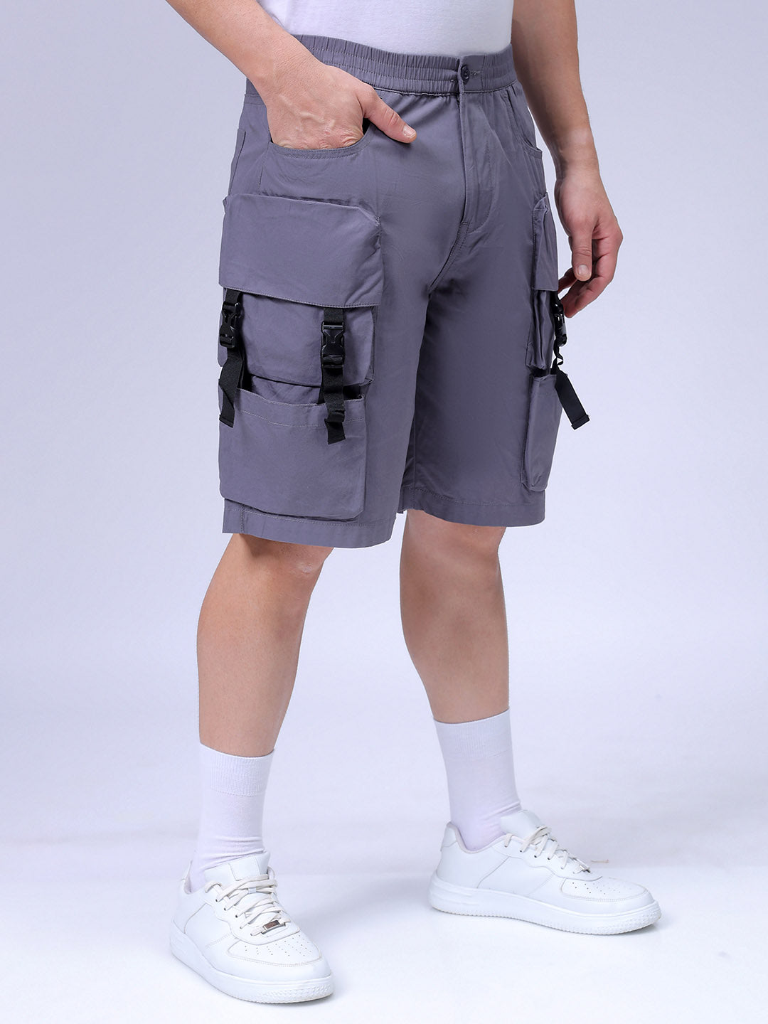 Men's Grey Relaxed Fit Solid Utility Cargo Shorts