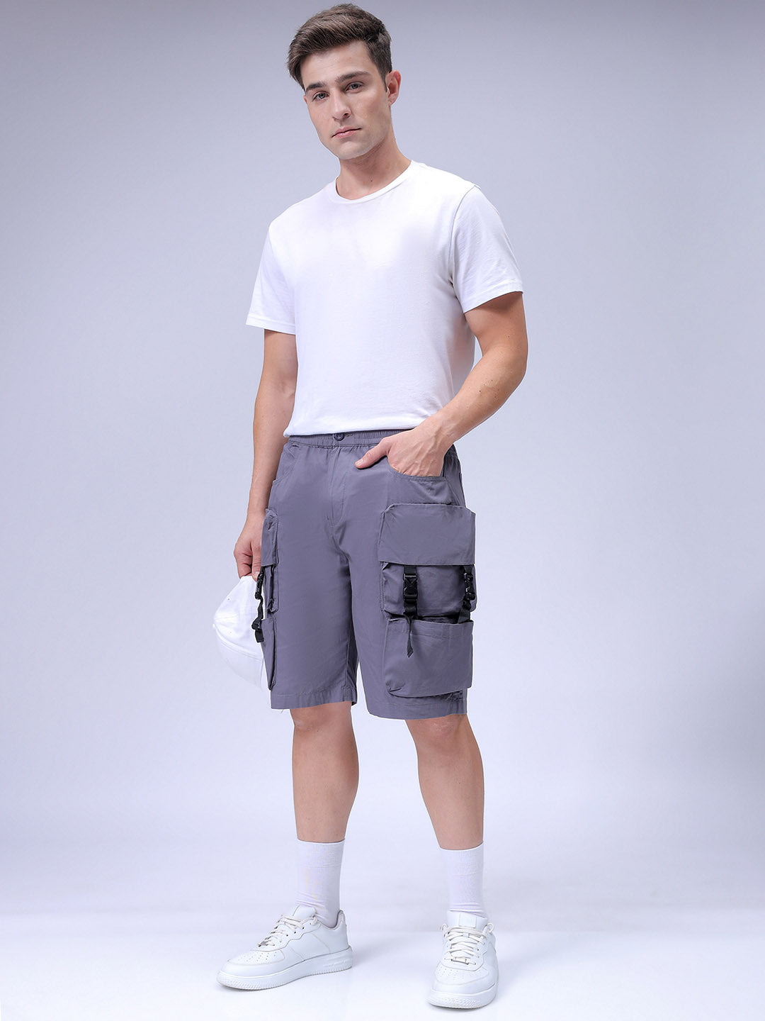 Men's Grey Relaxed Fit Solid Utility Cargo Shorts