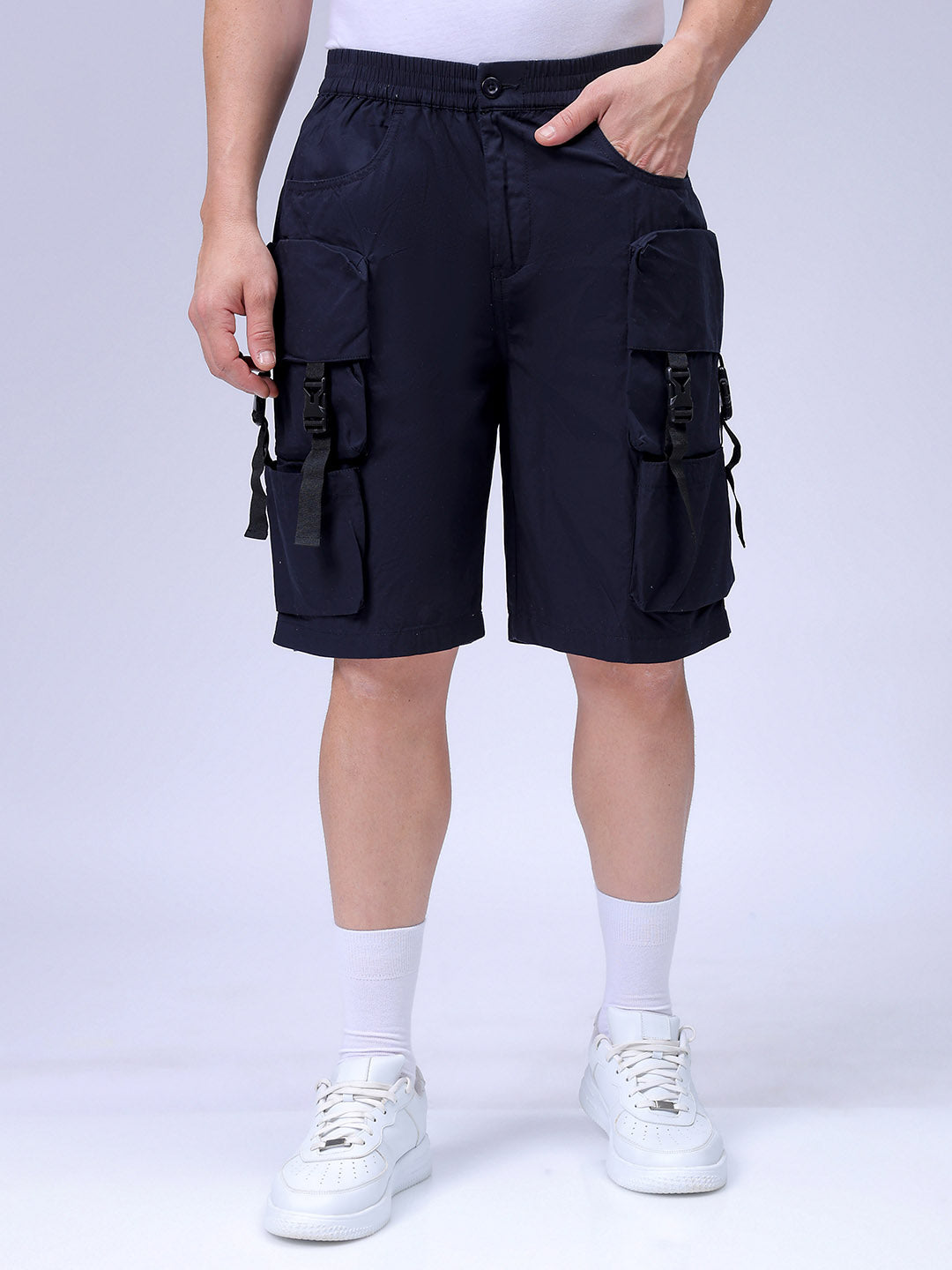Men's Navy Blue Relaxed Fit Solid Utility Cargo Shorts