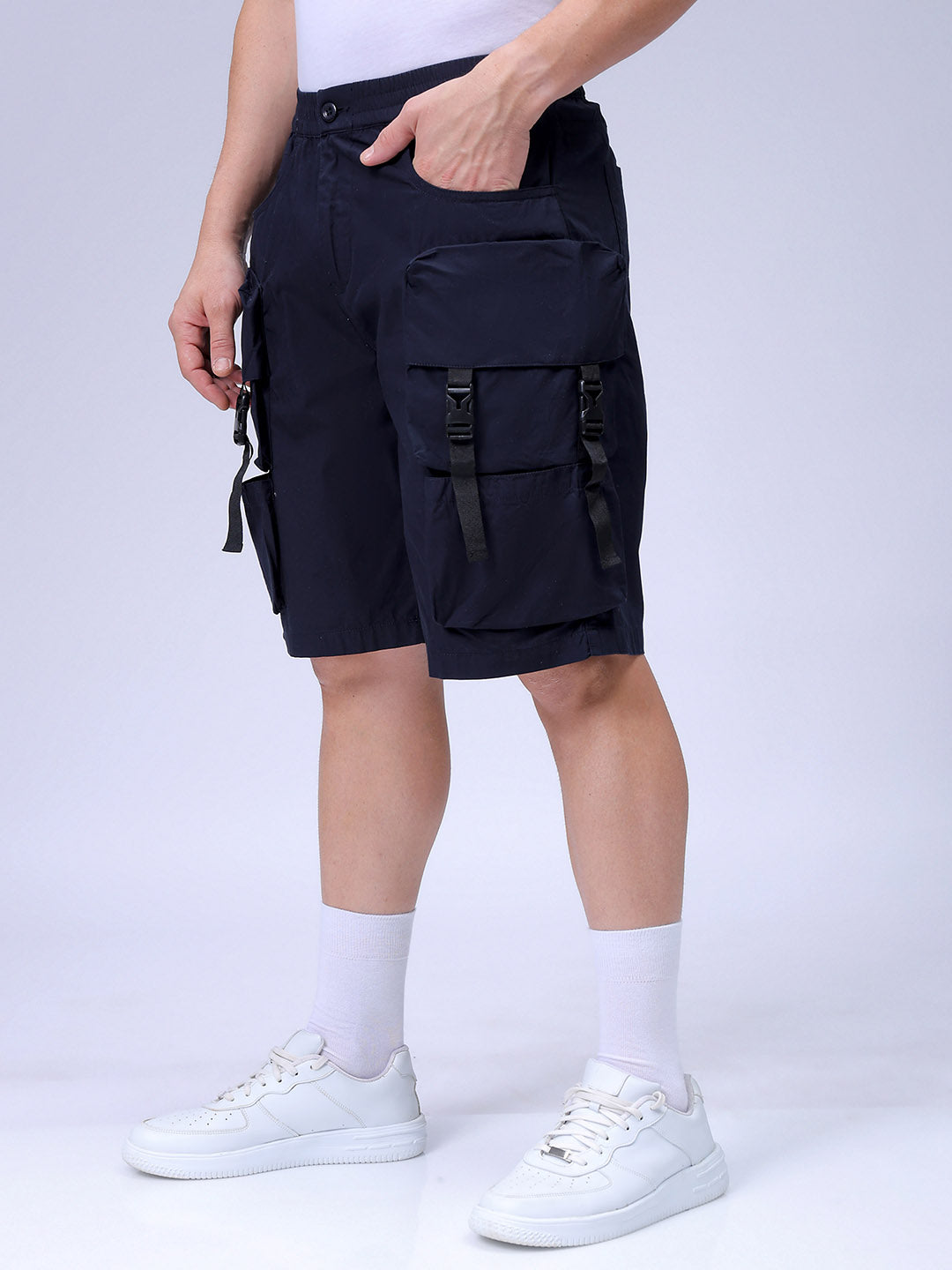 Men's Navy Blue Relaxed Fit Solid Utility Cargo Shorts
