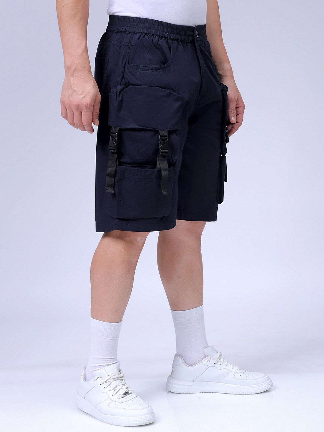 Men's Navy Blue Relaxed Fit Solid Utility Cargo Shorts
