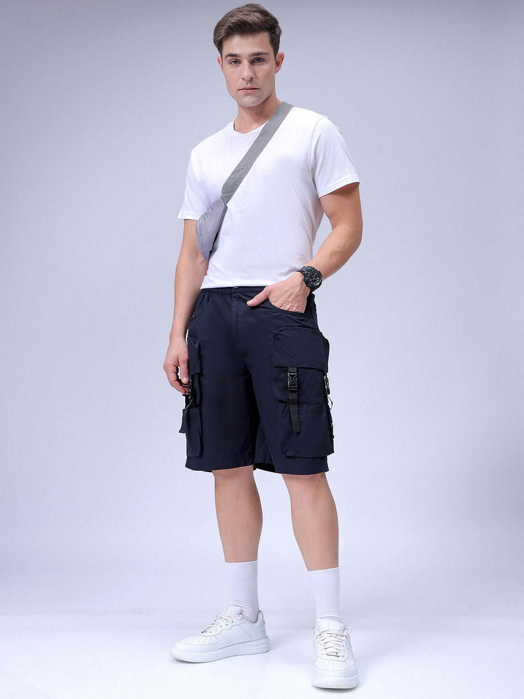 Men's Navy Blue Relaxed Fit Solid Utility Cargo Shorts