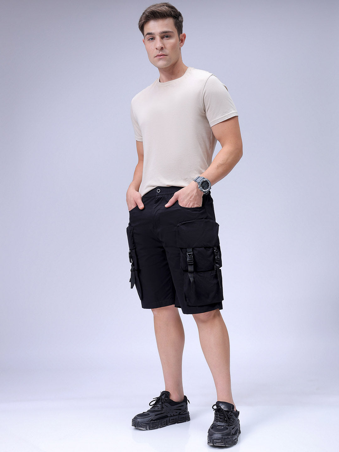 Men's Black Relaxed Fit Solid Utility Cargo Shorts