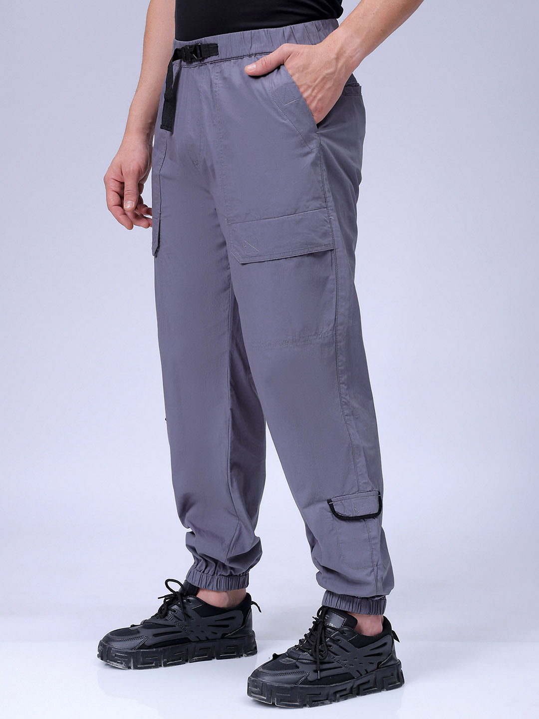 Men's Grey Loose Fit Solid Zipper Jogger