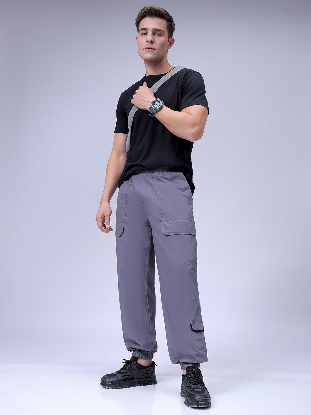 Men's Grey Loose Fit Solid Zipper Jogger