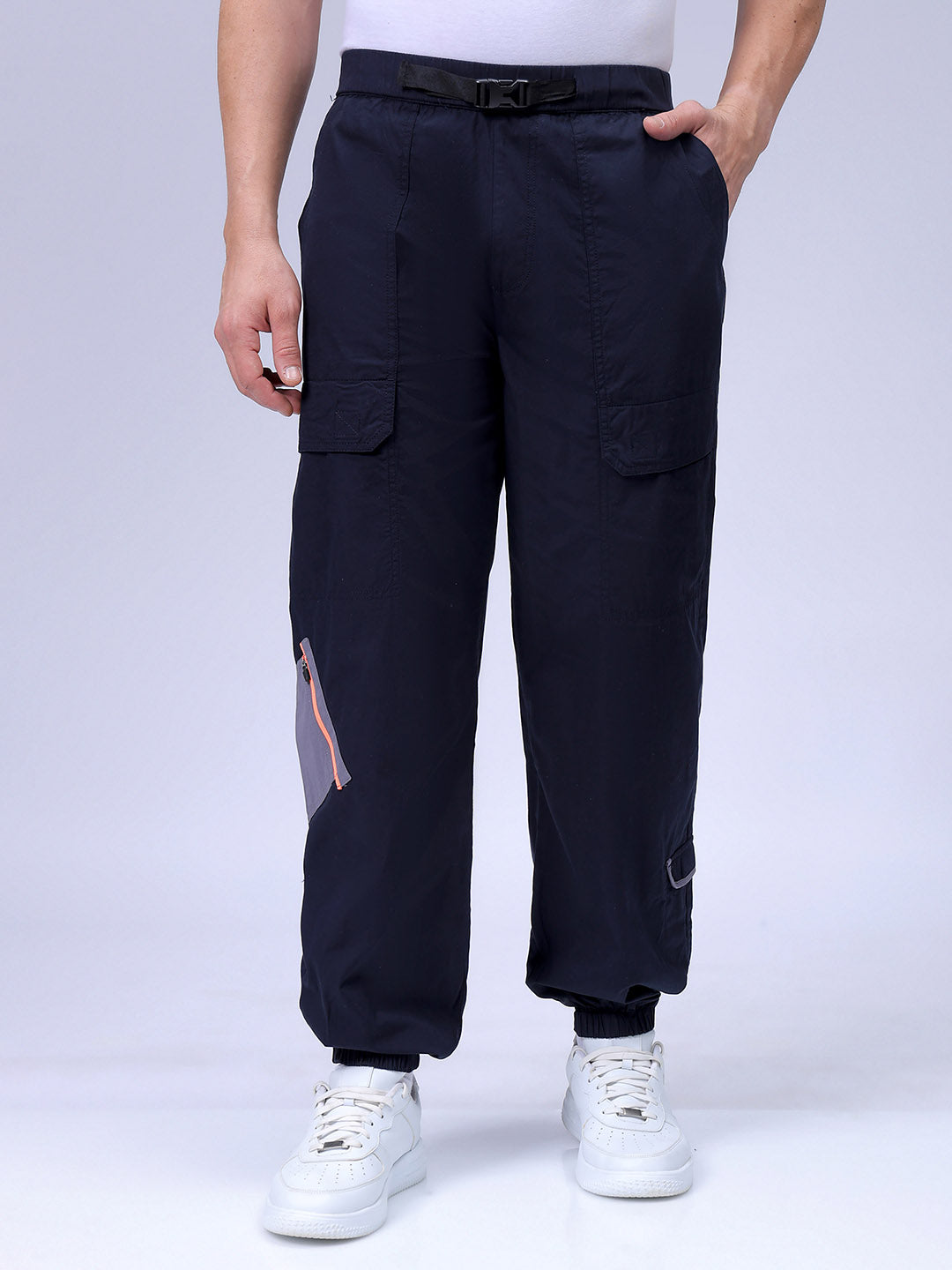 Men's Navy Blue Loose Fit Solid Zipper Jogger