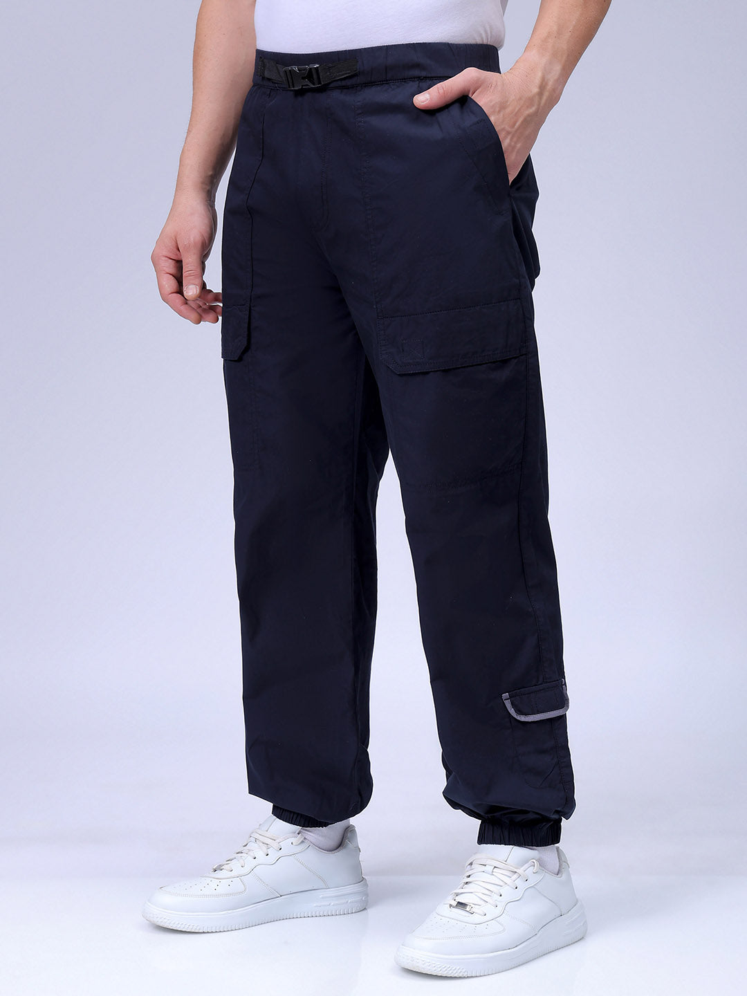 Men's Navy Blue Loose Fit Solid Zipper Jogger